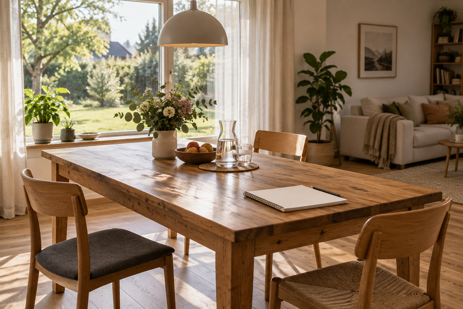 Heller Wohnraum mit Holztisch, drei Stühlen und Blick in einen Garten